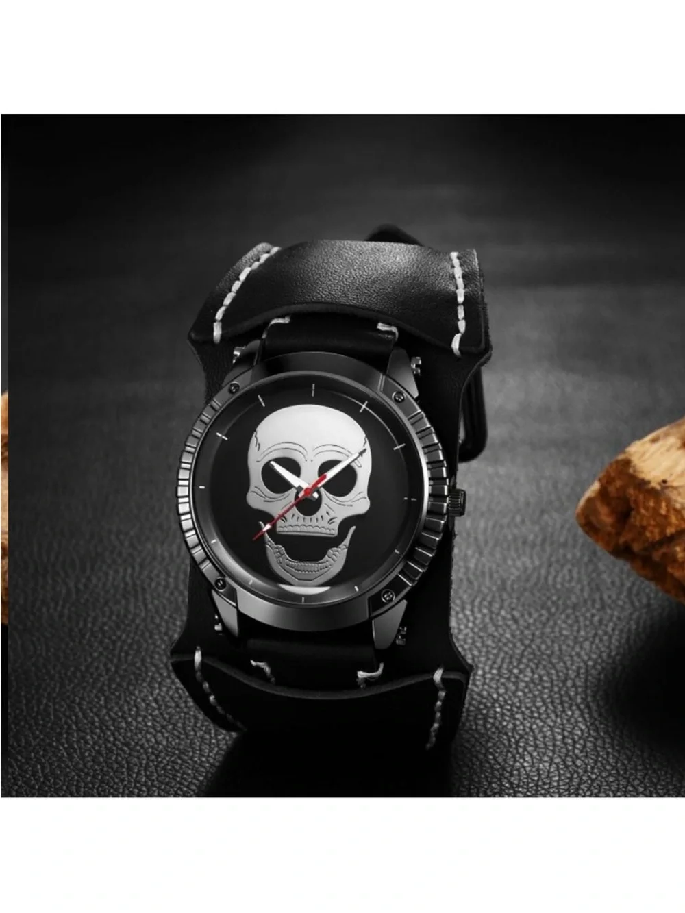 Men's Black Analog Quartz Steampunk Leather Gothic Skull Wide Cuff Wrist Watch